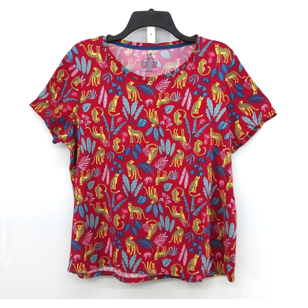 Secret Treasures Shirt Women Size M Red Floral Animals Short Sleeve Casual Top
